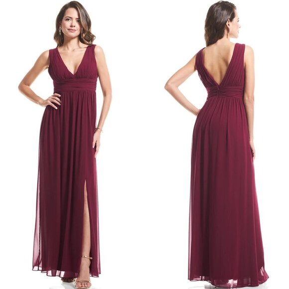 Levkoff Women's Burgundy Sangria Chiffon V-Neck A-Line Pleated Dress Gown Size 4 - Picture 1 of 10